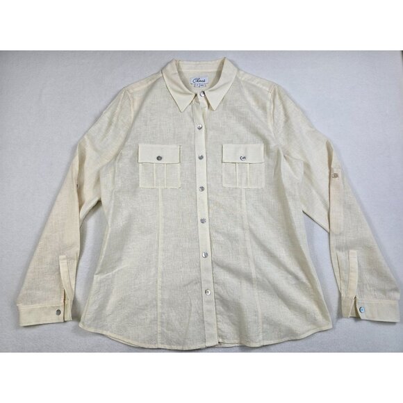 Chaus Tops - Chaus Womens Off White Button-Down Shirt Linen Cotton Blend Front Pocket Size 12